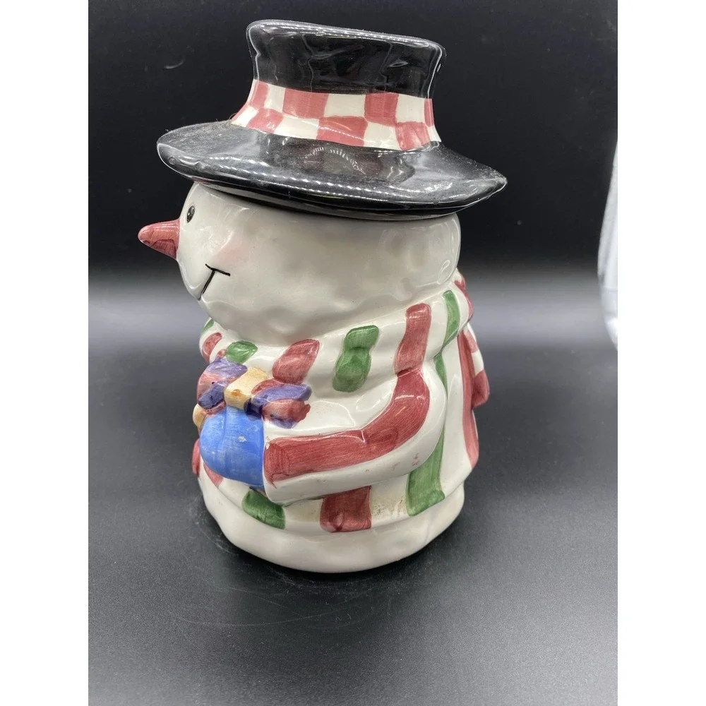 Vintage Snowman Ceramic Cookie Jar Holiday Christmas Decor Black Top Hat Scarf